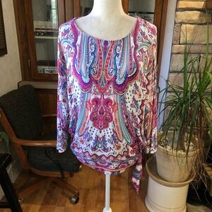 CHICOS SIZE 2 SIZE LARGE MULTICOLORED STRETCHY PAISLEY TOP WITH SIDE TYE EUC